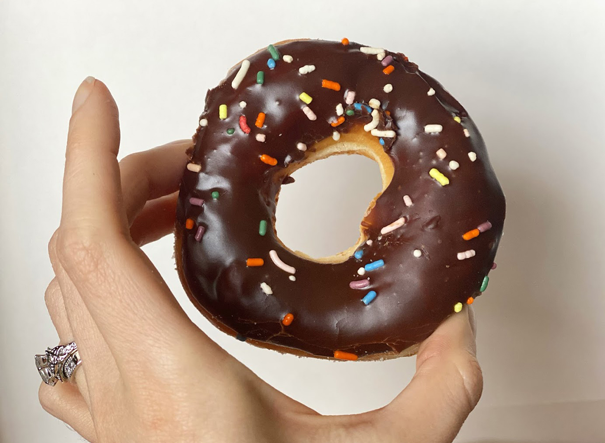 dunkin chocolate donut with sprinkles