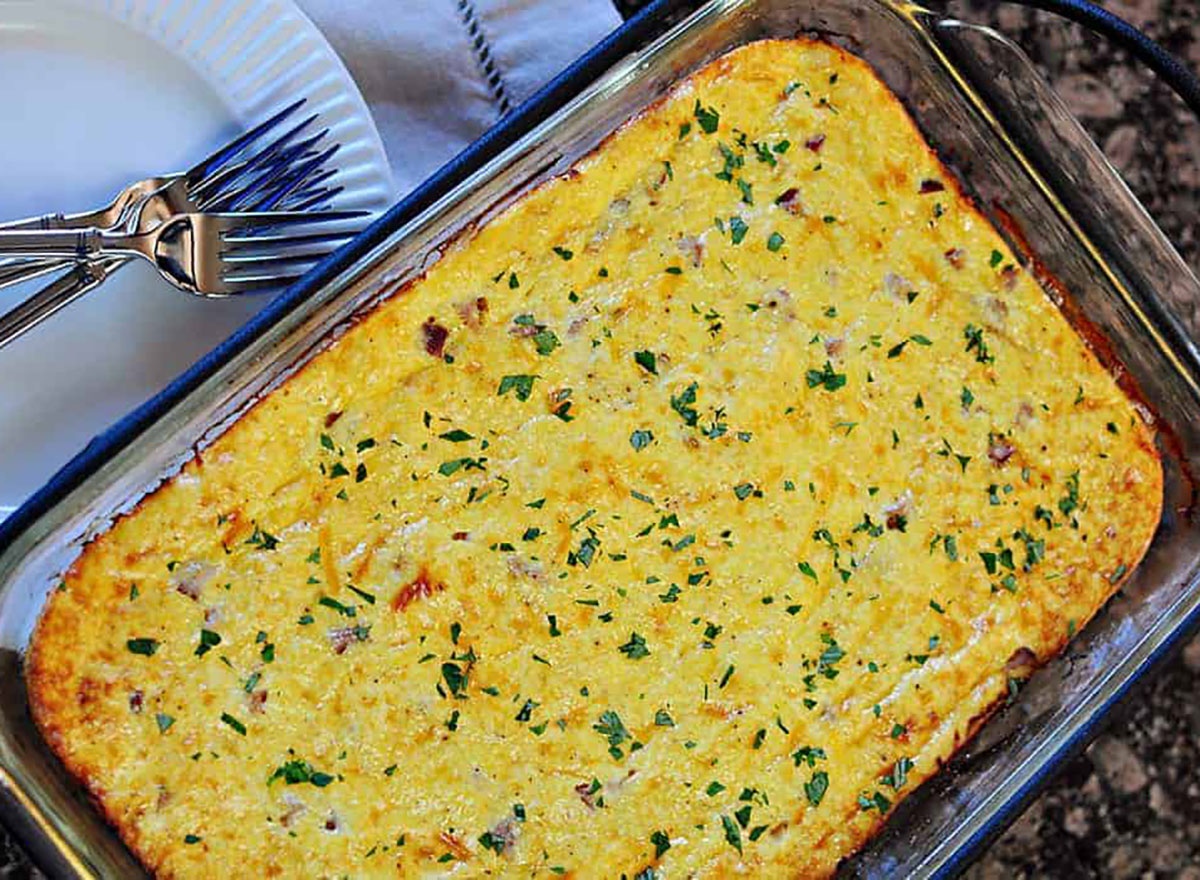 ham and grits casserole in a baking dish