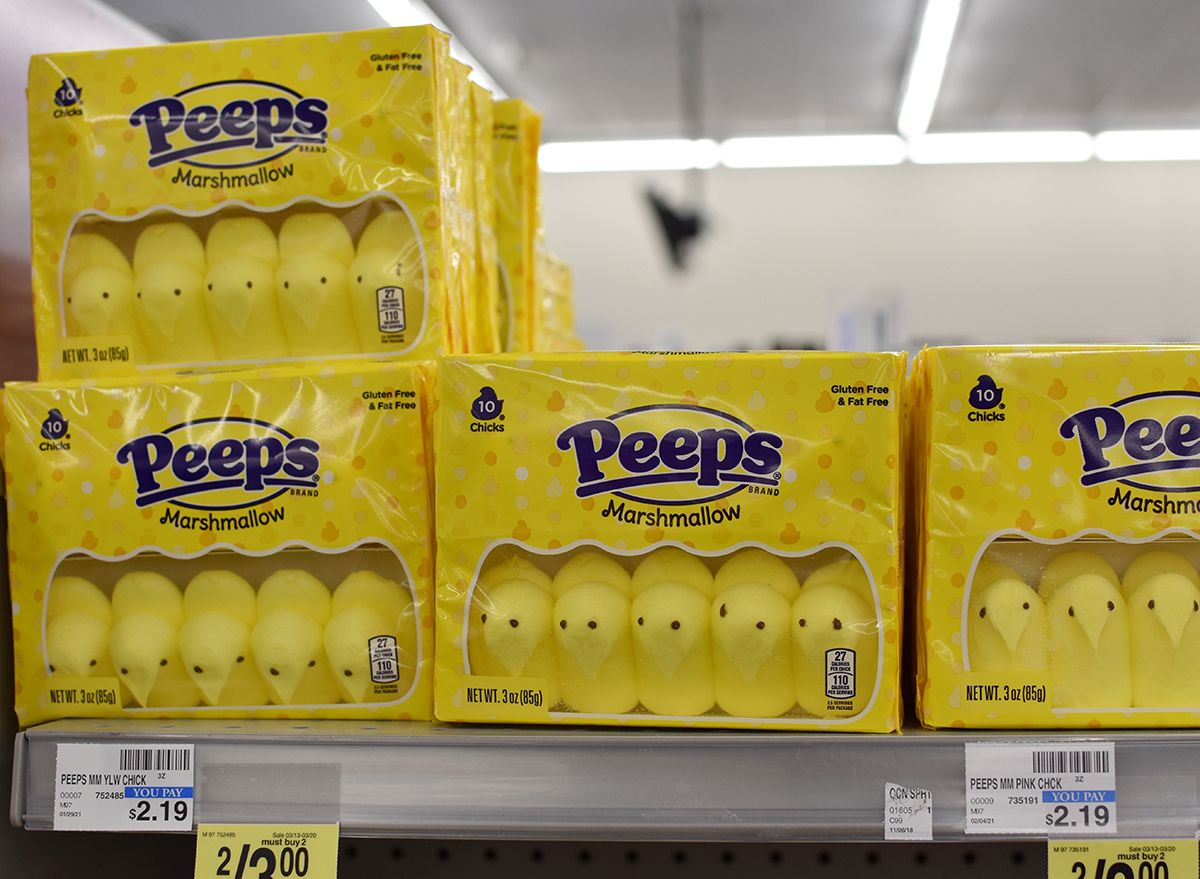 boxes of marshmallow peeps on store shelf