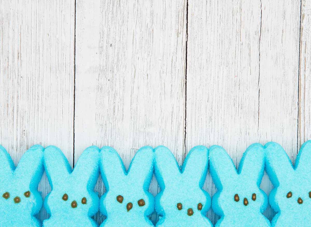 row of blue marshmallow peeps bunnies