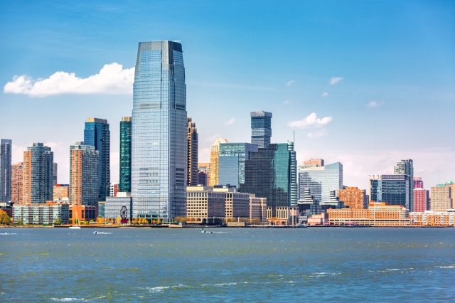 Jersey City skyline viewed from a boat sailing the Upper Bay