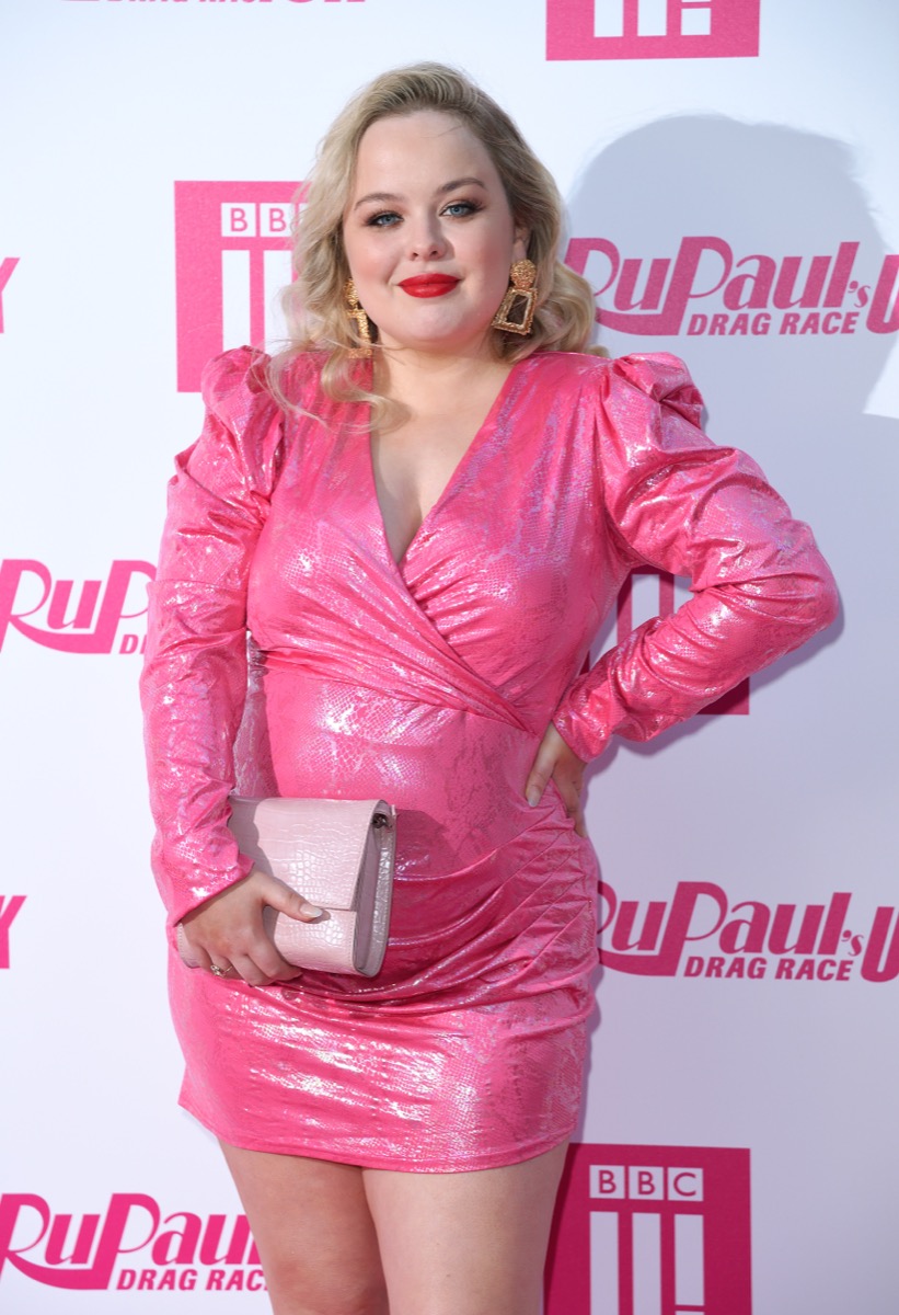 nicola coughlan in pink latex dress on red carpet