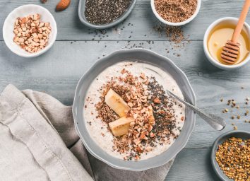 overnight oats oatmeal with chopped almond nuts chia seeds flax honey bee pollen