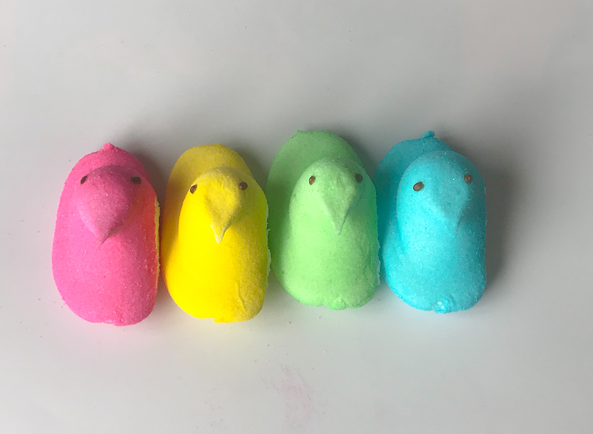 row of rainbow colored marshmallow peeps chicks
