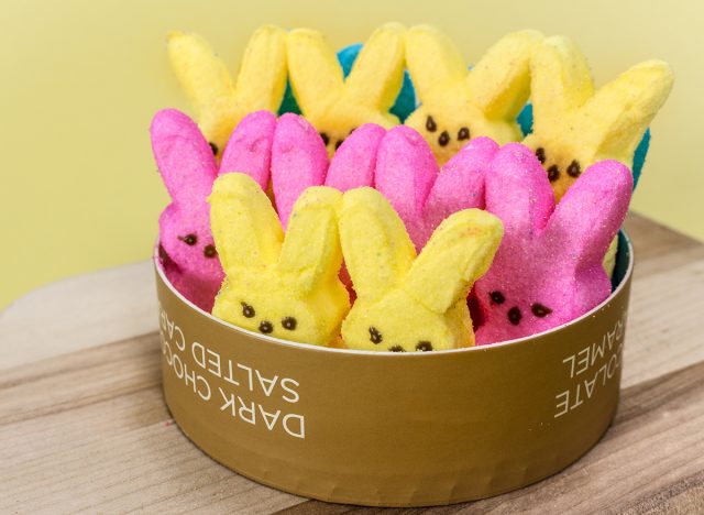 tin of yellow and pink peeps bunnies