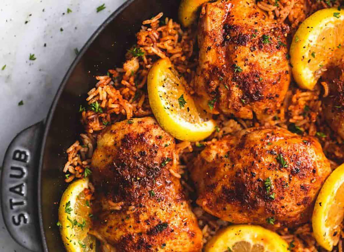 spanish chicken and rice in baking pan