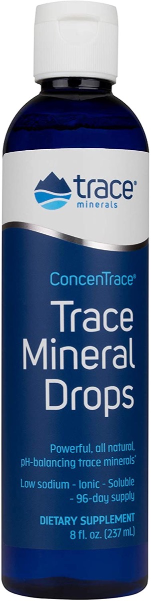 blue and white bottle of trace mineral drops