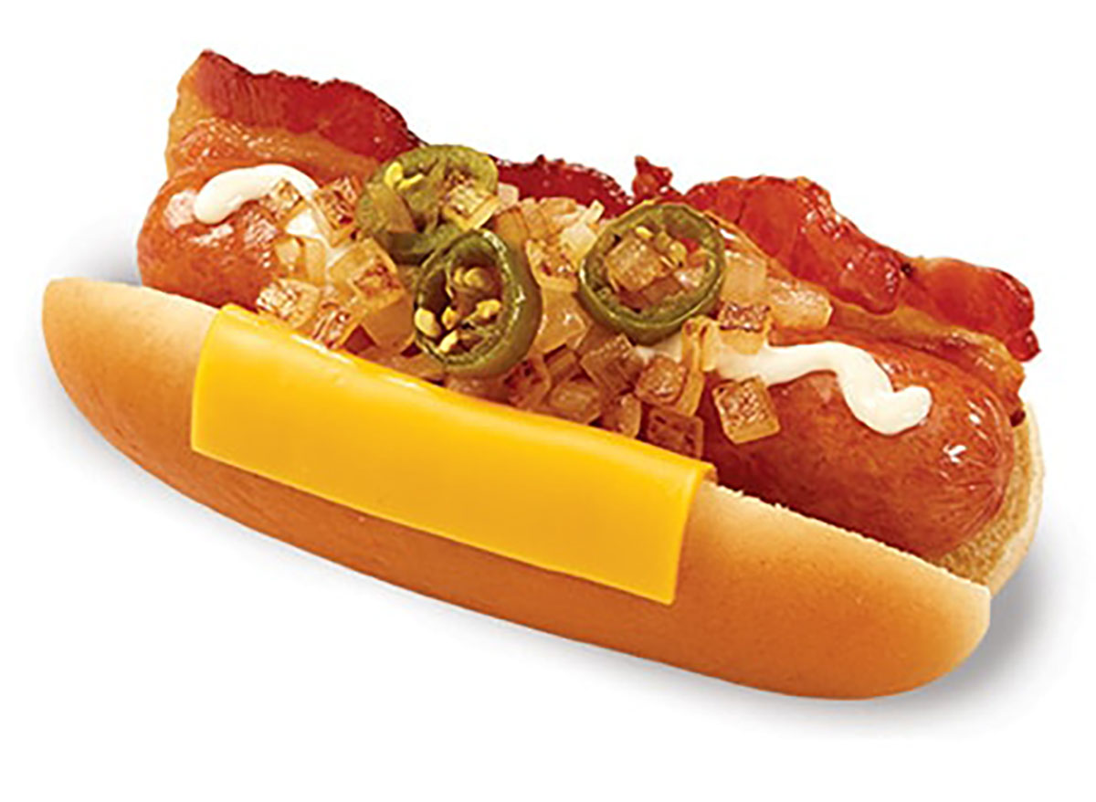 hot dog topped with crispy onions and jalapeno