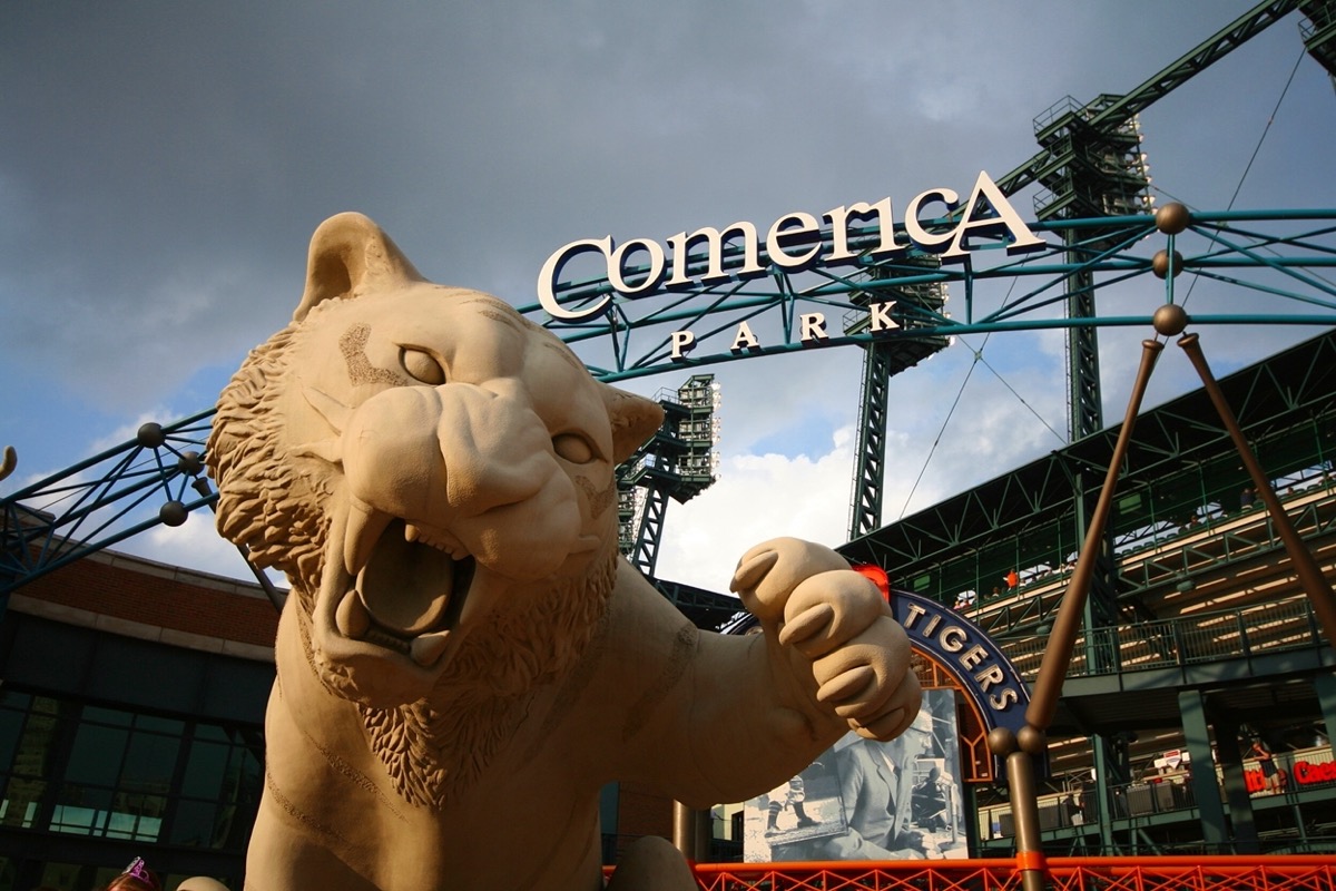Tiger in front of Comerica Park home of the Detroit Tigers of Major League Baseball in downtown Detroit