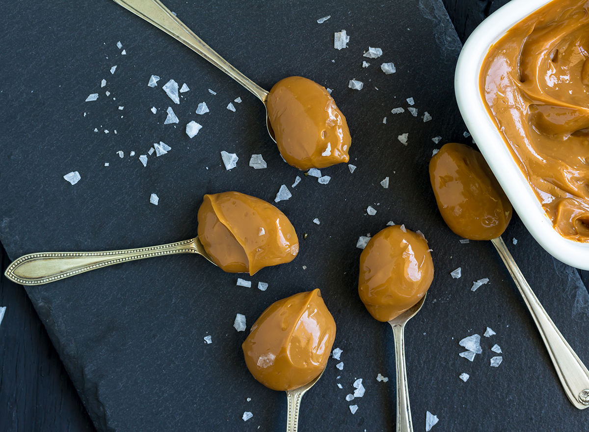 dulce de leche spoons of caramel with salt flakes