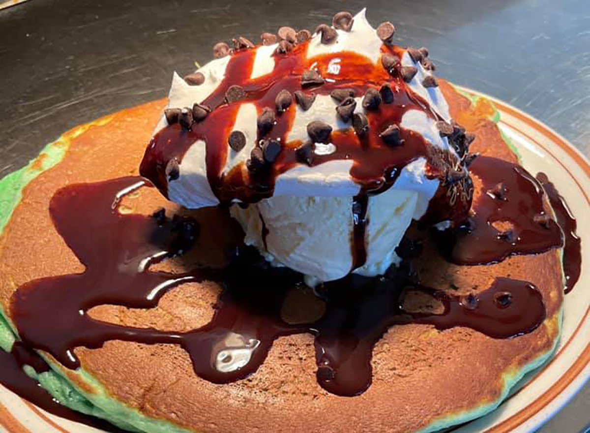 peppermint pancake topped with ice cream and chocolate syrup