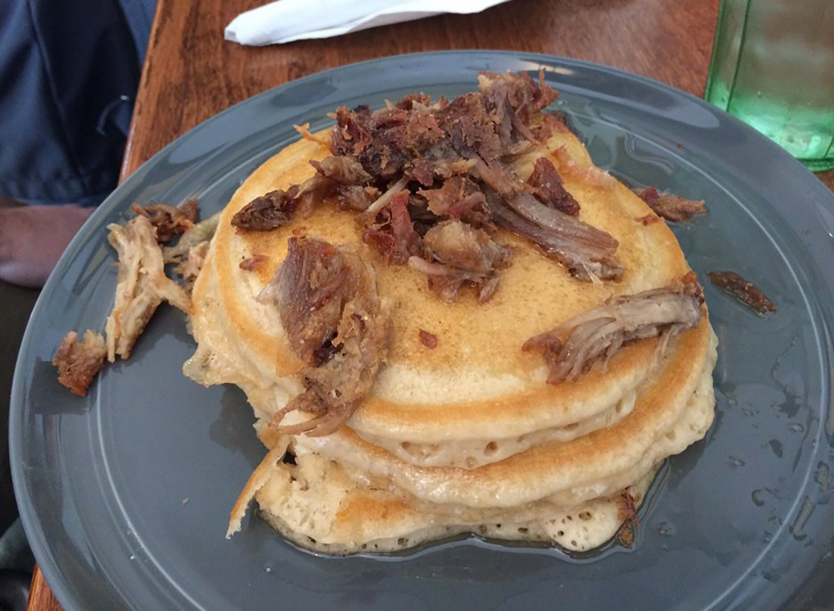 pancakes topped with pulled pork
