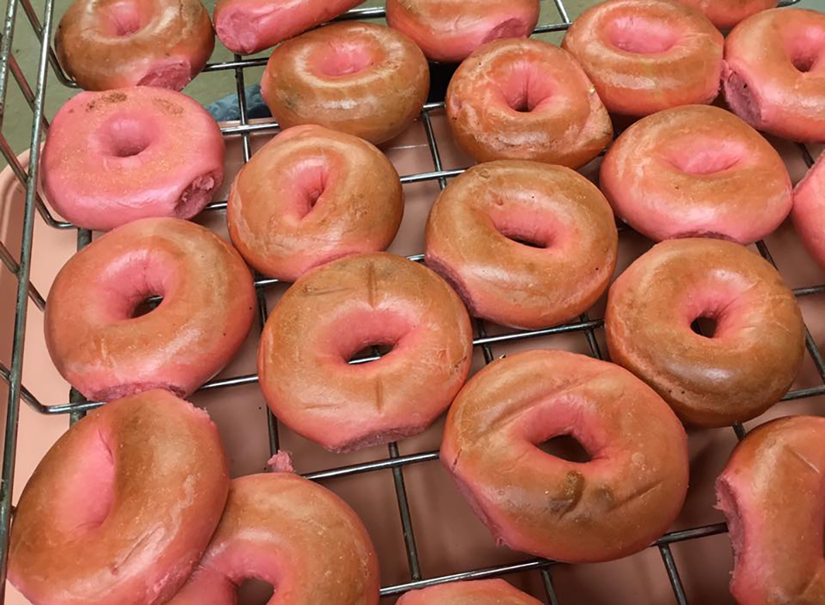 red bagels on cooling rack