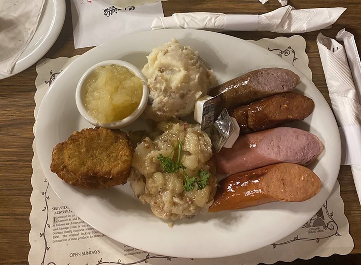 sausage with potato salad and applesauce