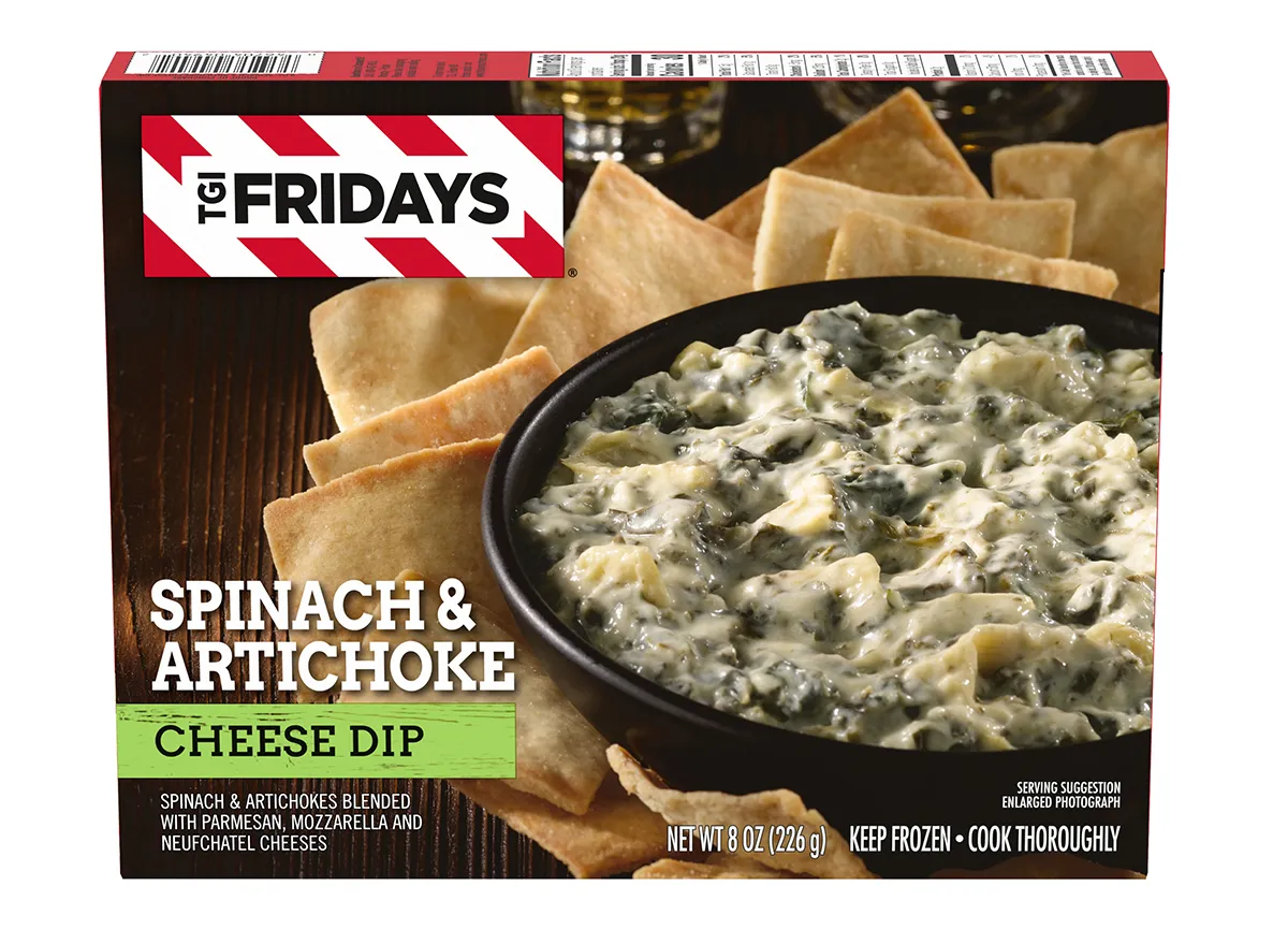 box of frozen tgi fridays spinach artichoke cheese dip