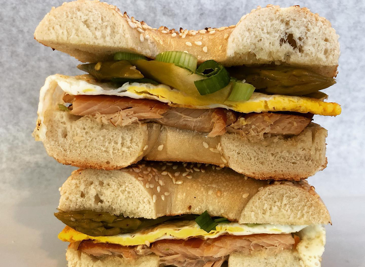 stacked bagel sandwich with trout