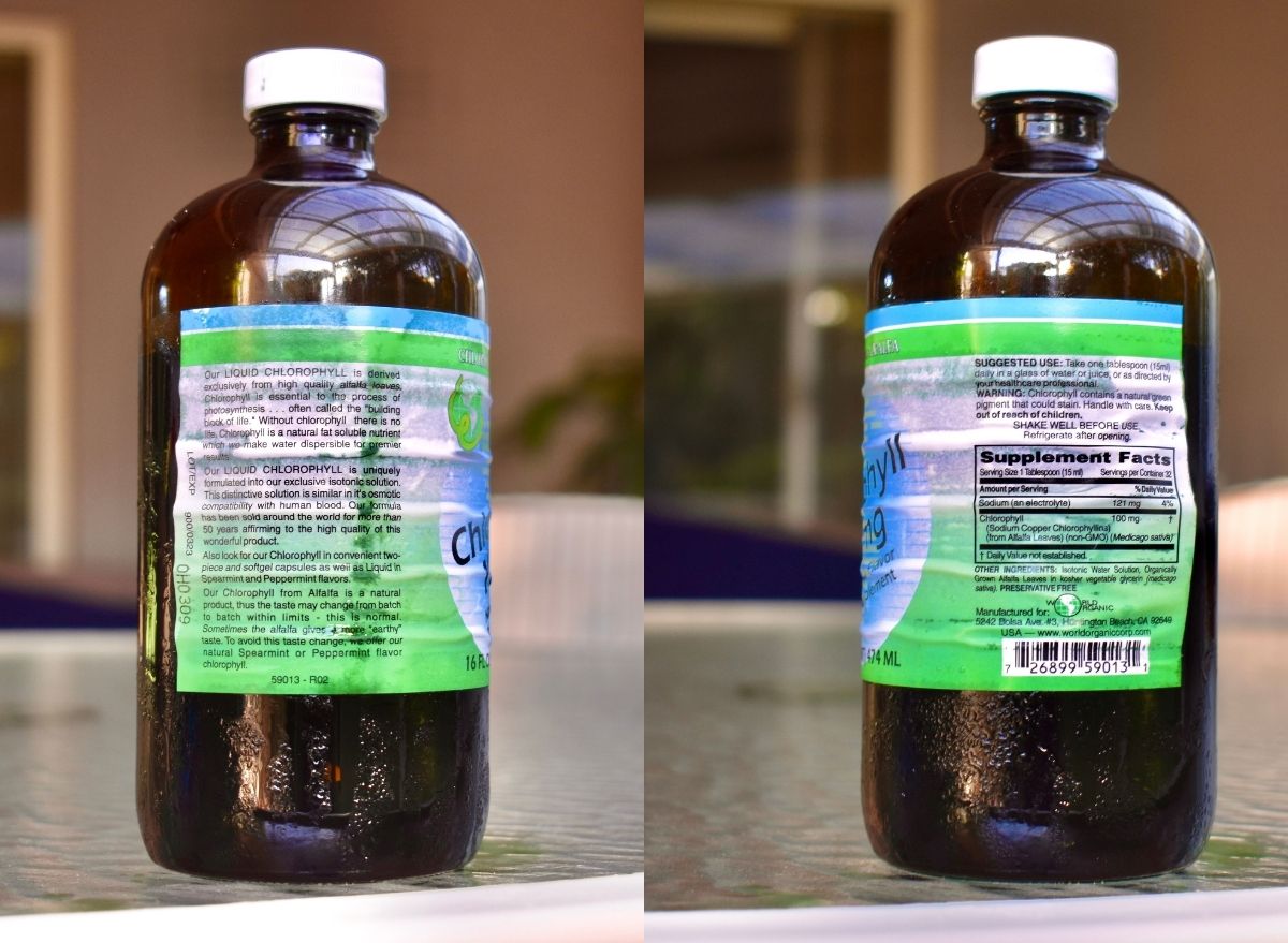 chlorophyll 100 mg bottle labels close up