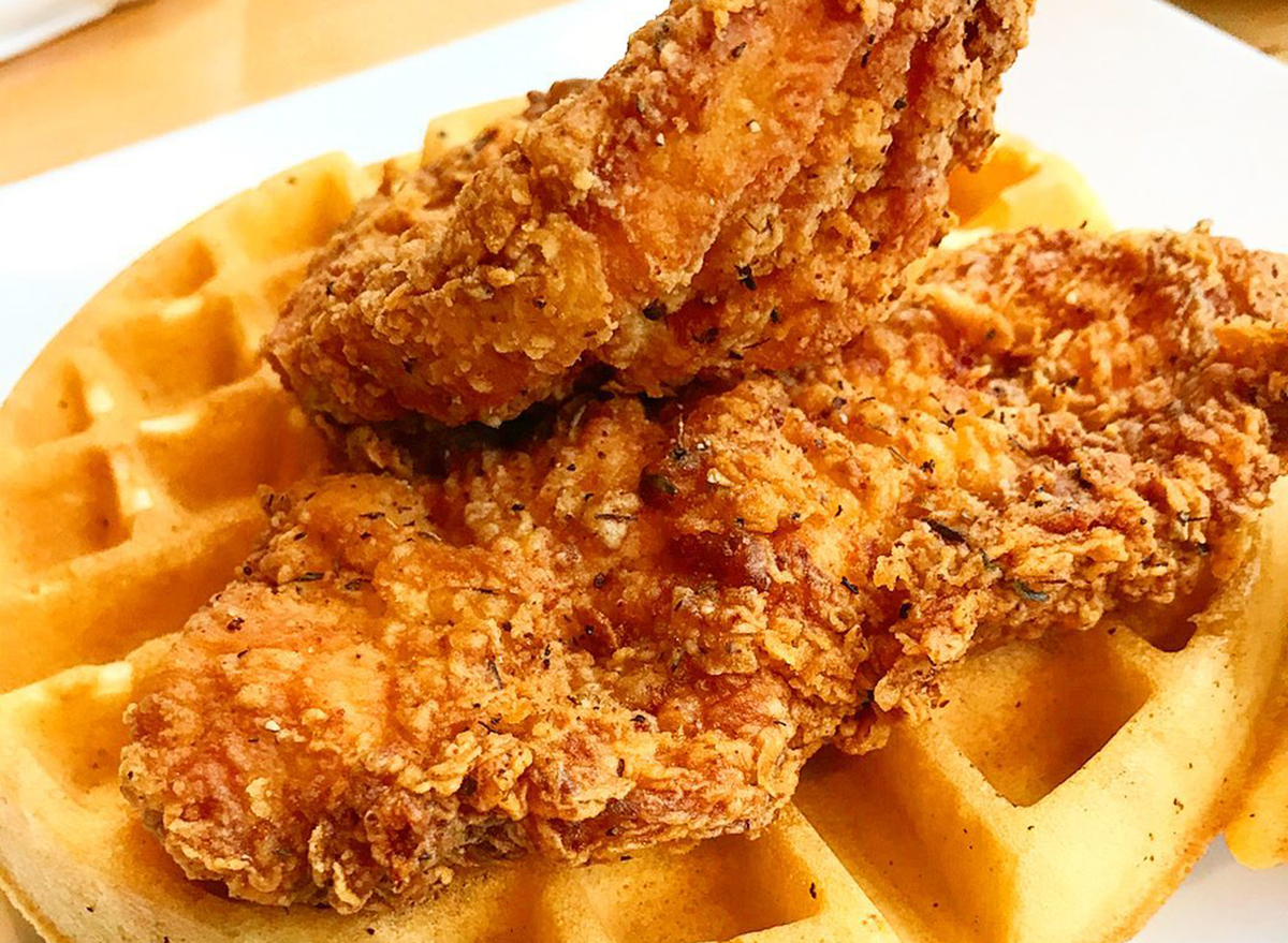 closeup of chicken and waffles