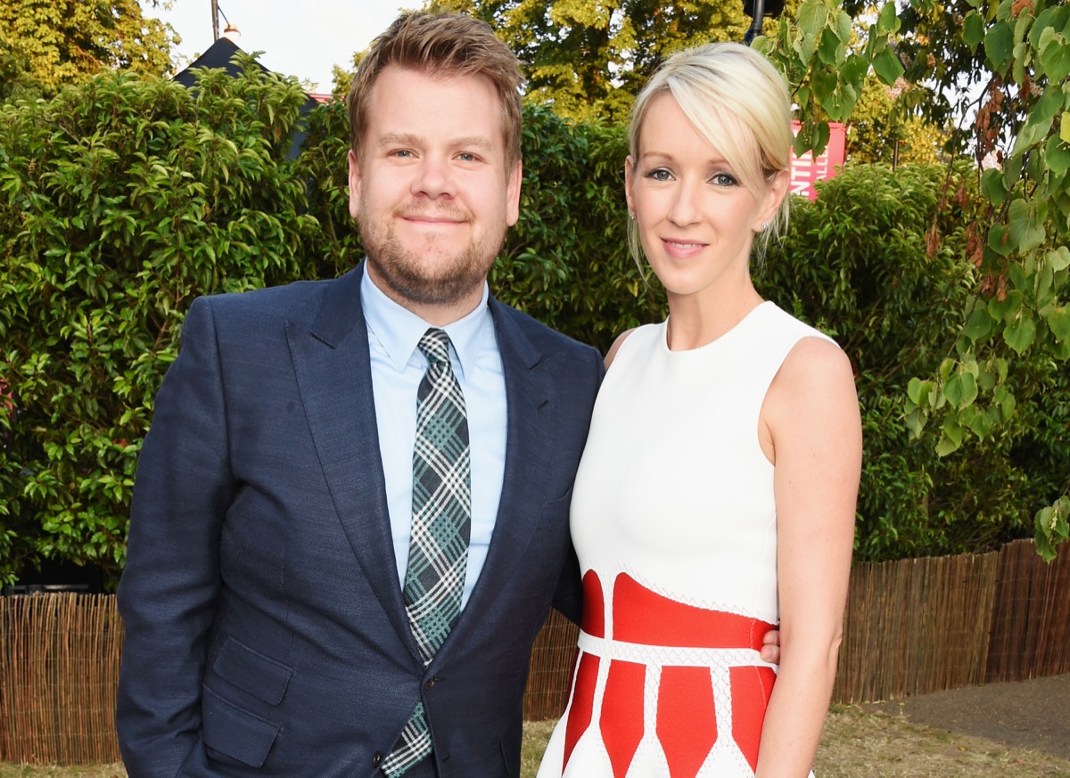 james corden and wife julia carey posing outside