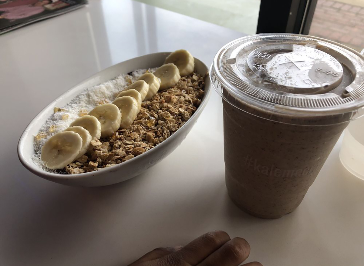 smoothie bowl topped with bananas and smoothie