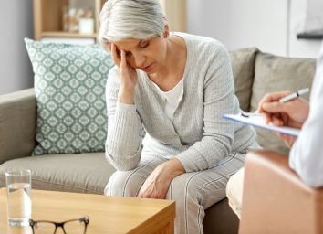 Unhappy senior woman patient and psychologist