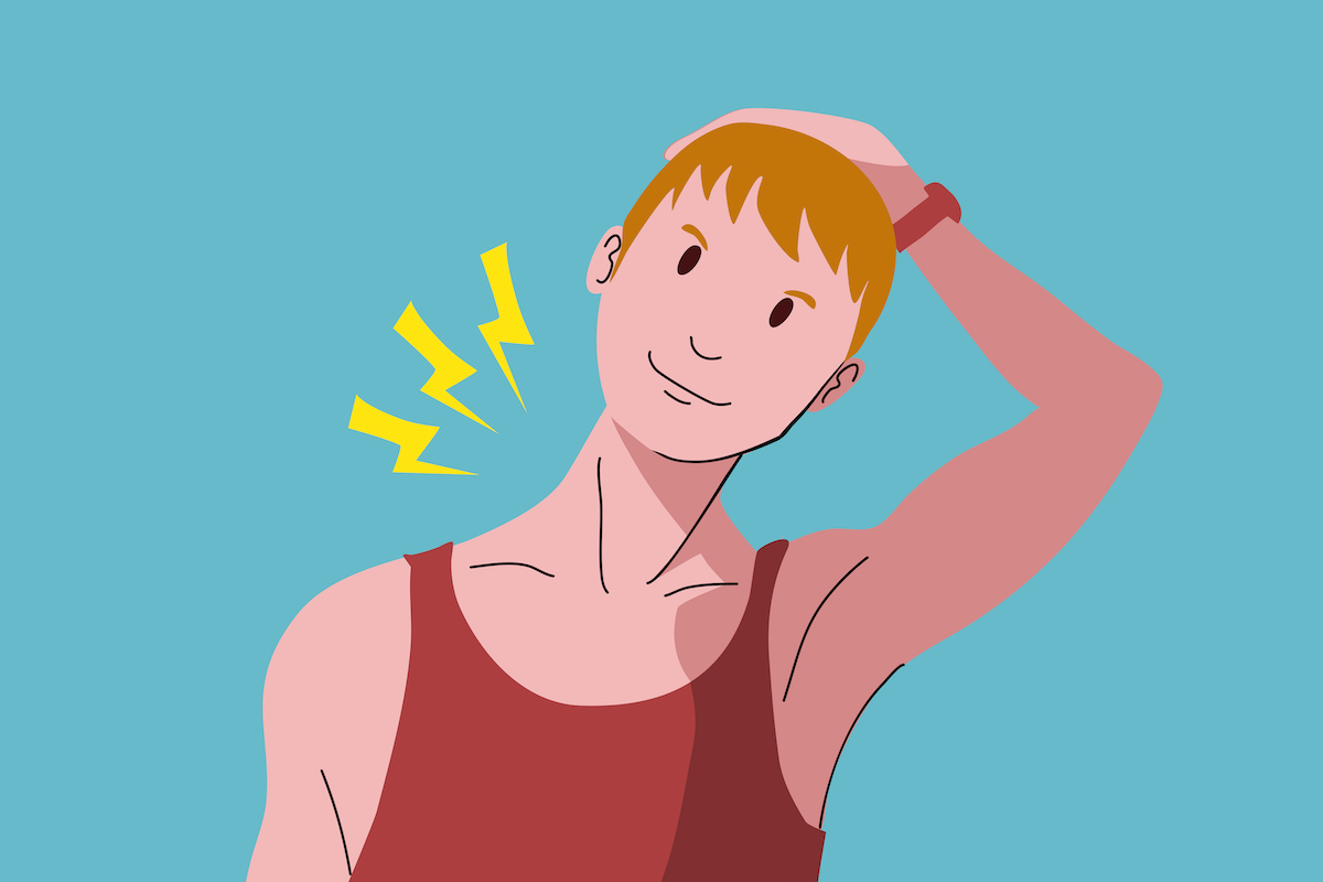 Stretching the neck muscles using your hands. A man in a tank top stretches his neck to relieve office syndrome.