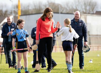 GALWAY, IRELAND - MARCH 05: Catherine, Duchess of Cambridge visits Salthill GAA club and participate in some hurling and gaelic football on the third day of their first official visit to Ireland on March 5, 2020 in Galway, Ireland. (Photo by Julien Behal Pool/Samir Hussein/WireImage)