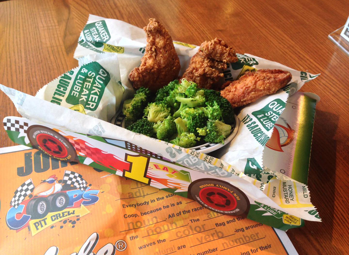 chicken tenders and broccoli in racecar tray