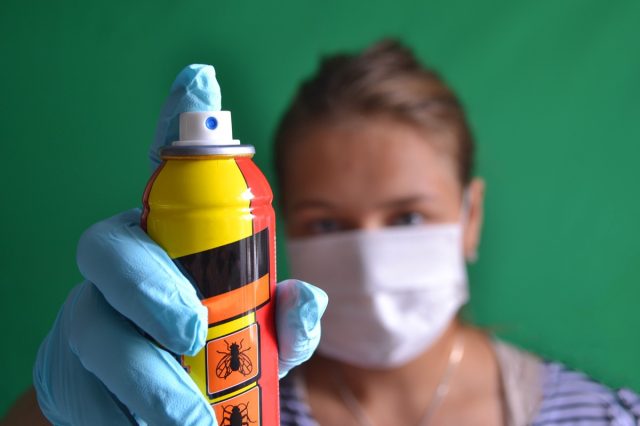 Aerosol for insect control in the hands of a woman wearing a mask.