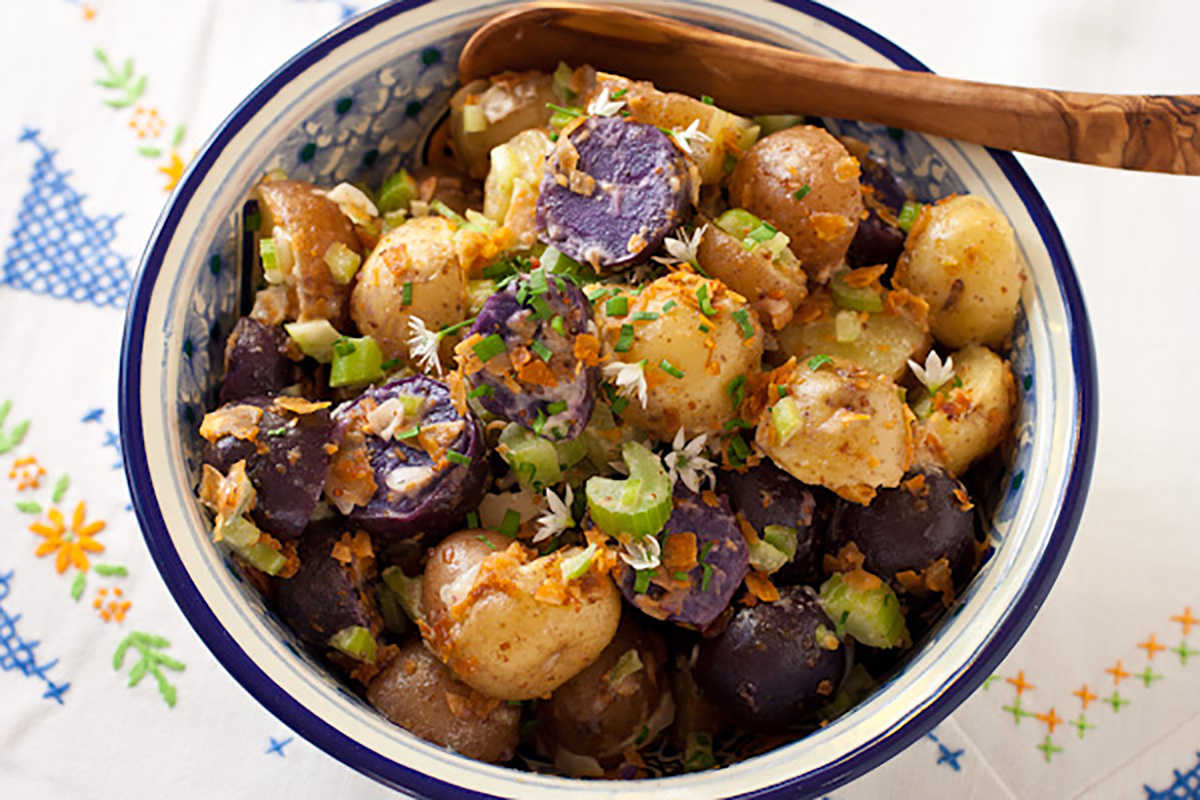 german style potato salad with coconut bacon