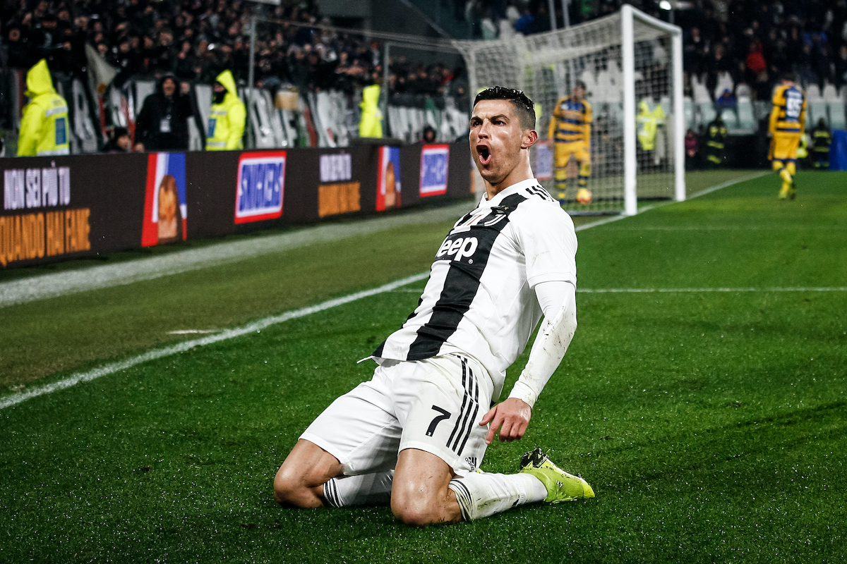 Turin, Italy. 02 February 2019. Campionato Italiano di SerieA, Juventus vs Parma 3-3. Cristiano Ronaldo, Juventus, celebrating the goal.