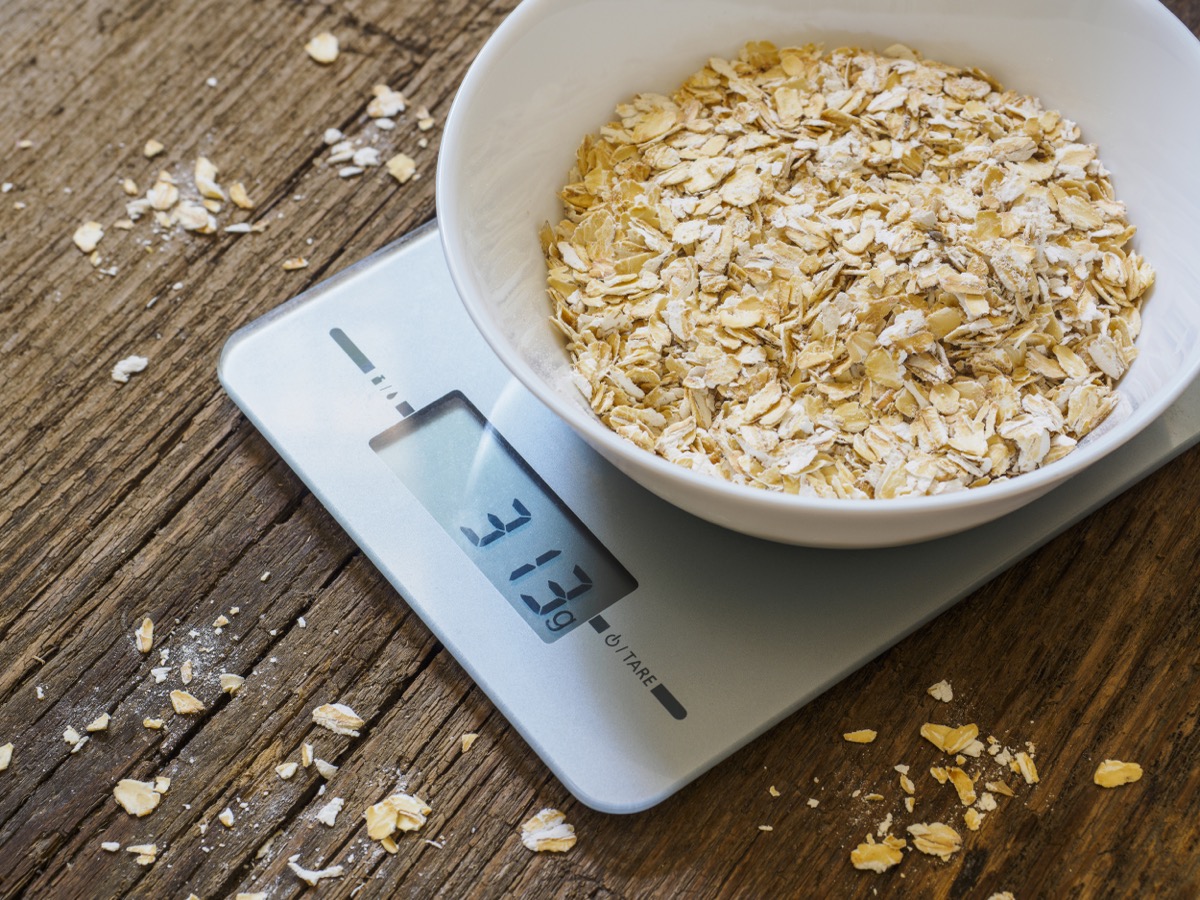 bowl of oatmeal on a food scale