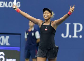 New York, NY - September 6, 2018: Naomi Osaka of Japan celebrate victory in US Open 2018 semifinal match against Madison Keys of USA at USTA Billie Jean King National Tennis Center