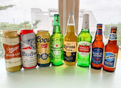 most popular beers lined up on a counter
