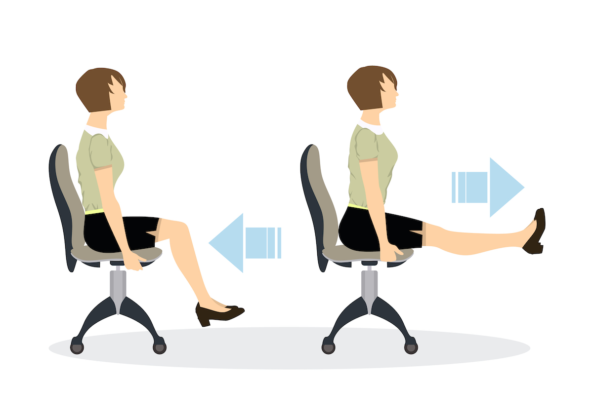 Sport exercises for office. Office yoga for tired employees with chair and table. Legs workout.