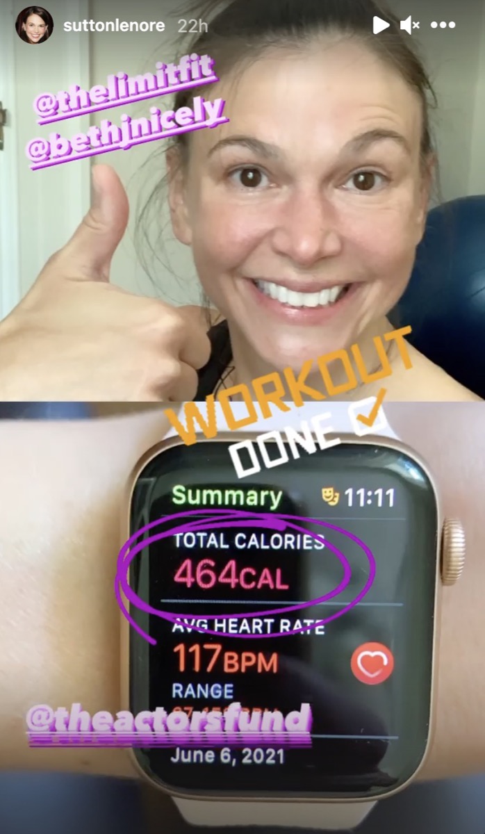 sutton foster giving a thumbs up and showing apple watch workout summary
