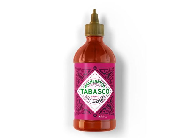 bottle of Tabasco sweet and spicy sauce on a white background