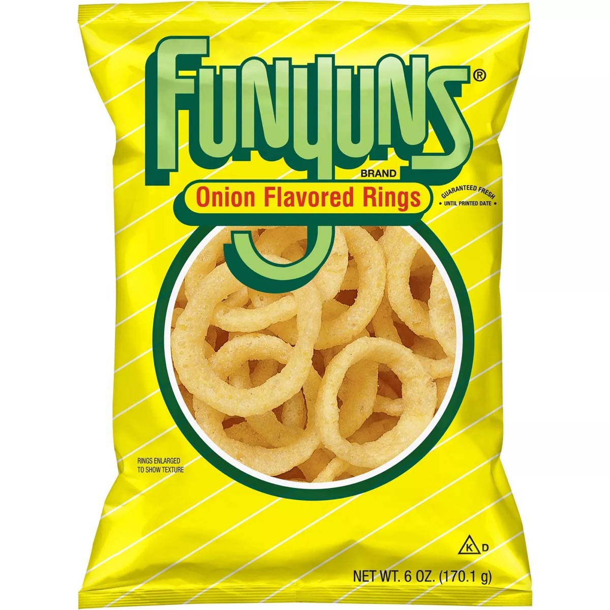 yellow bag of funyuns onion flavored rings on white background