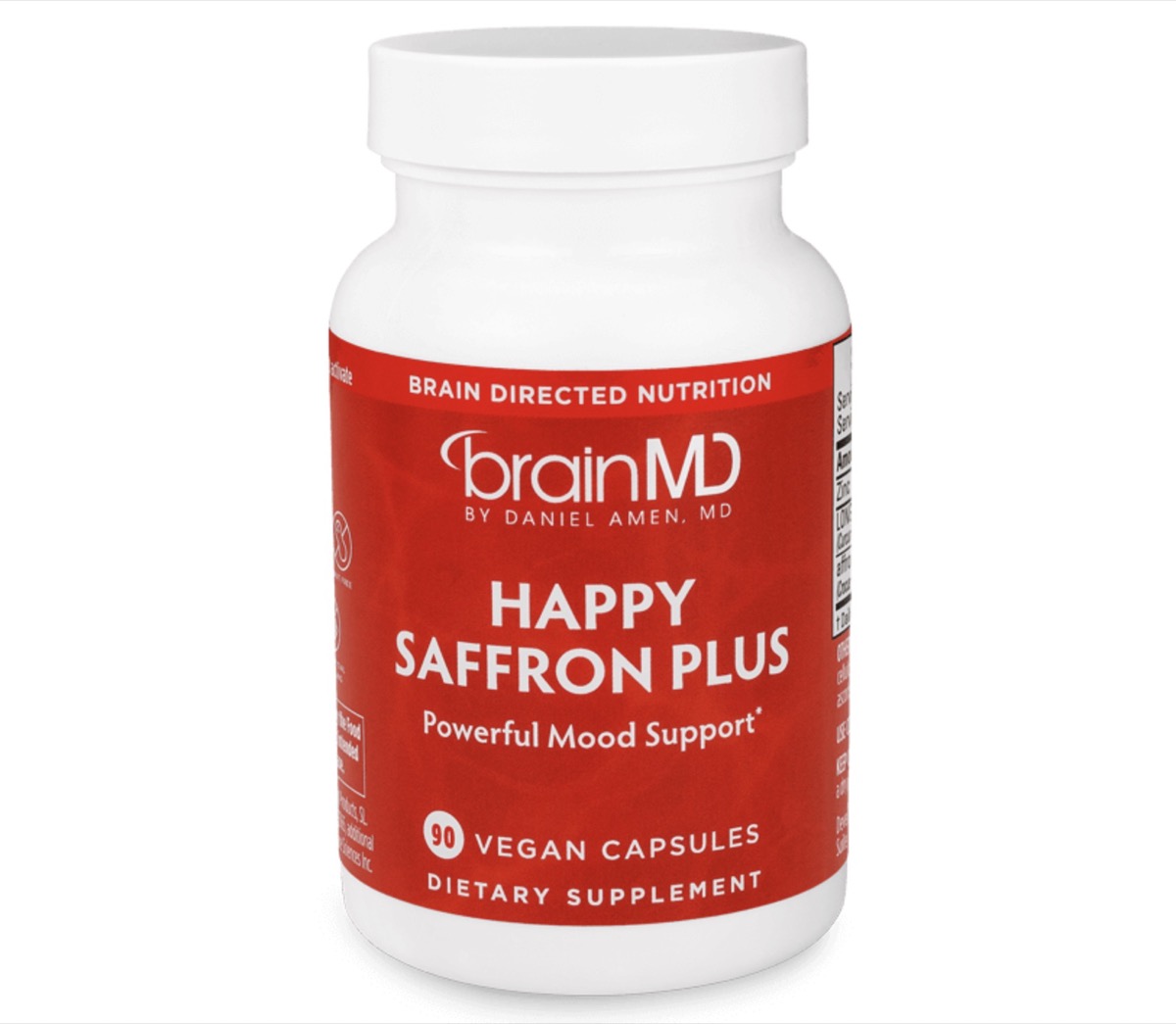 white bottle of brainmd happy saffron plus with red label on white background