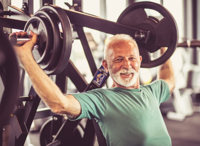 Old man after 60 years old Lifting Heavy Barbell Jim Lean Body After 60