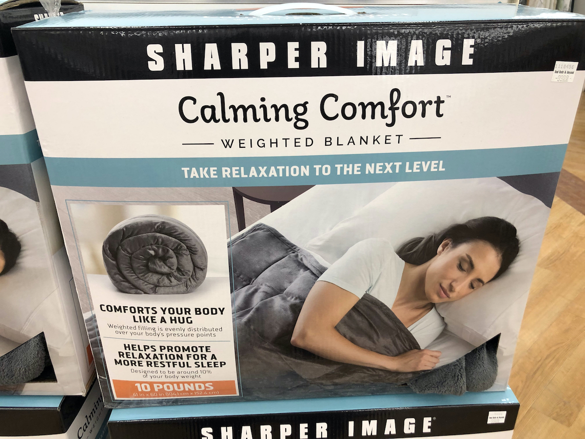 March 8, 2019 - Maple Grove, MN: Sharper Image Calming Comfort Weighted Blanket on sale at a retail store. This blanket helps with relaxation and getting a good night's sleep