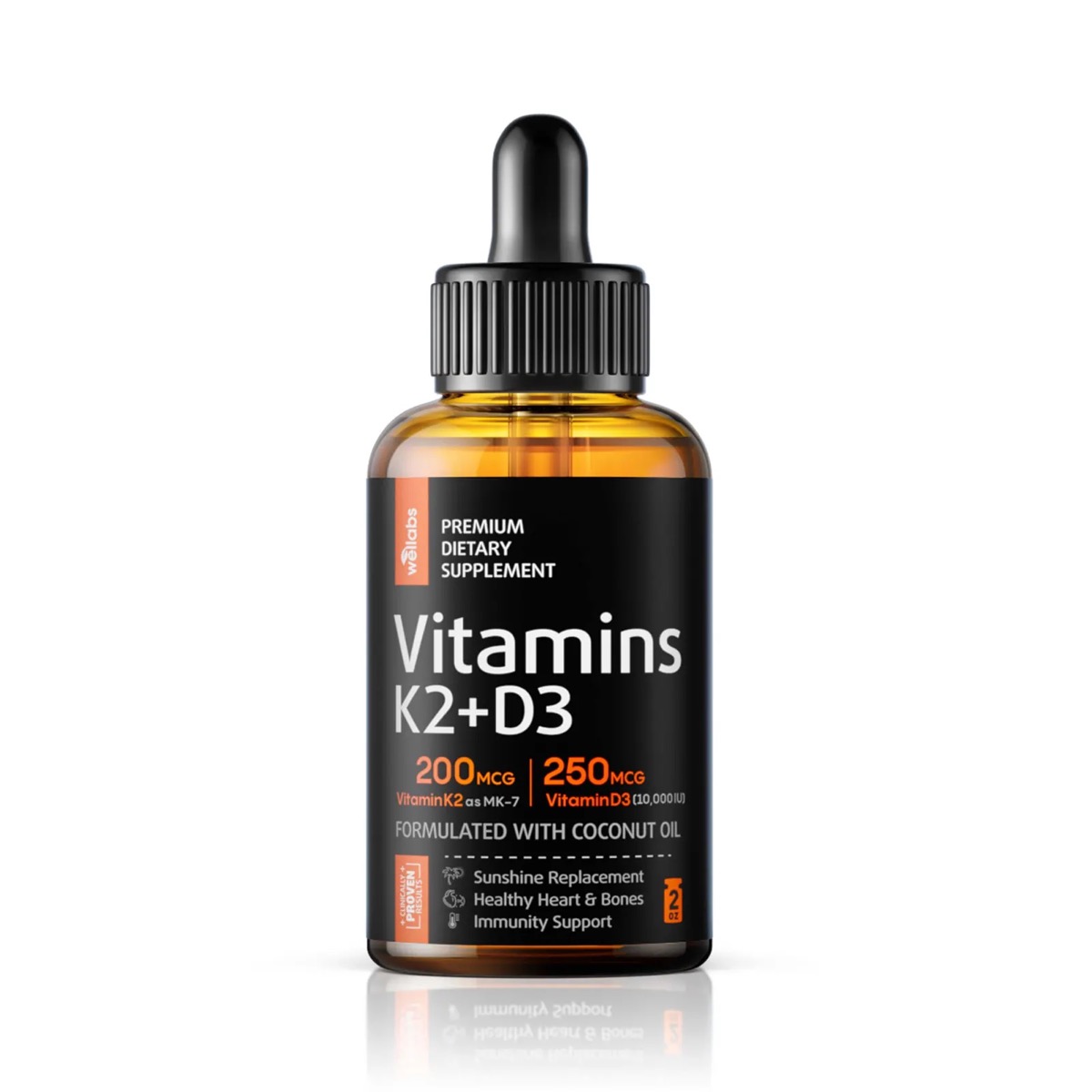 amber colored bottle of wellabs vitamins k2+d3 on white background