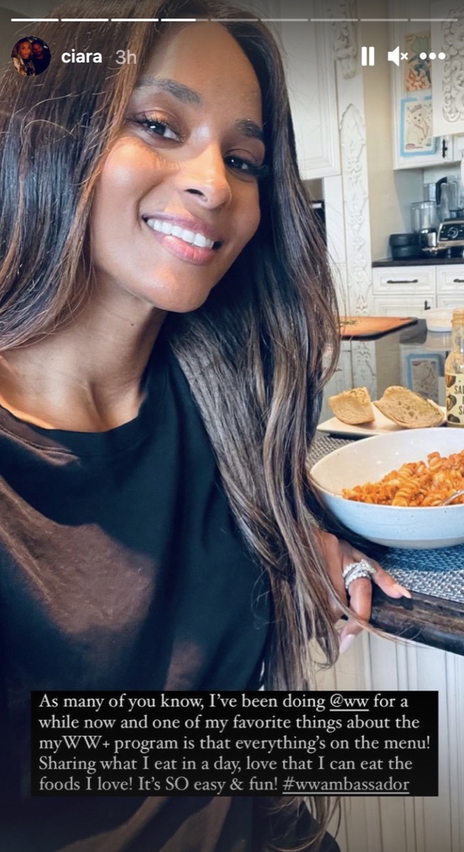 ciara smiling in front of bowls of food in instagram screenshot