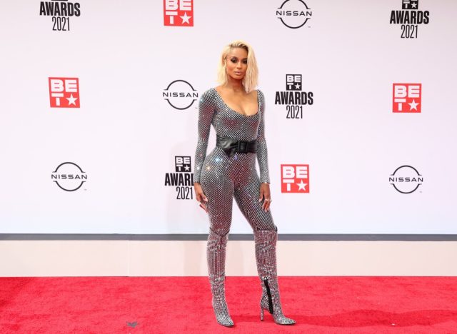 ciara in a silver jumpsuit with blonde hair on the BET red carpet