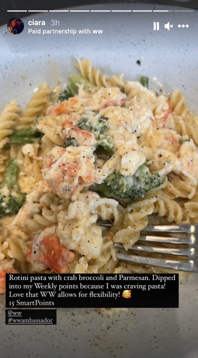 rotini pasta with crab and broccoli in instagram screenshot