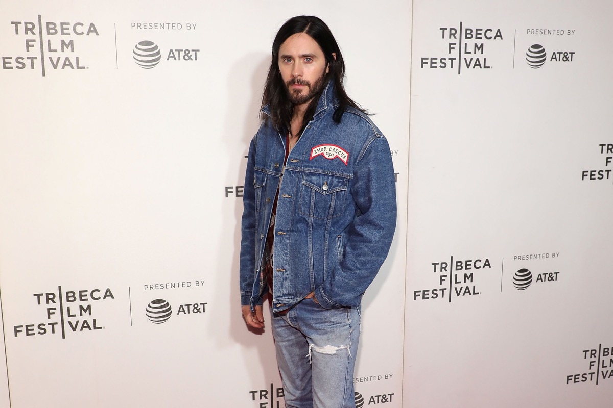 jared leto in a denim jacket and jeans on the red carpet at the tribeca film festival