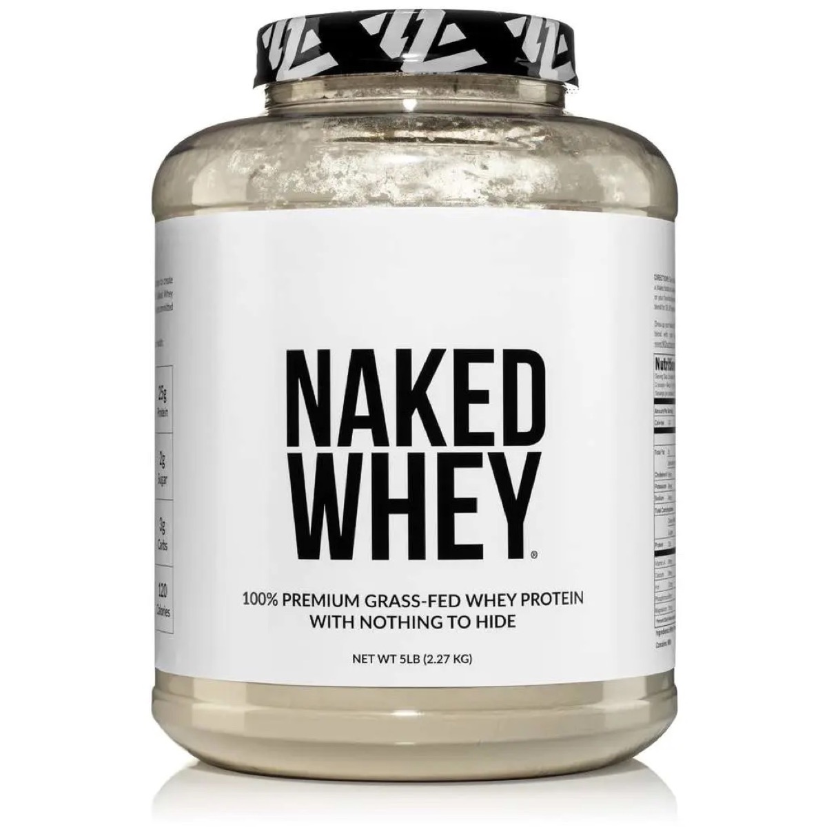 jar of naked whey protein powder on white background