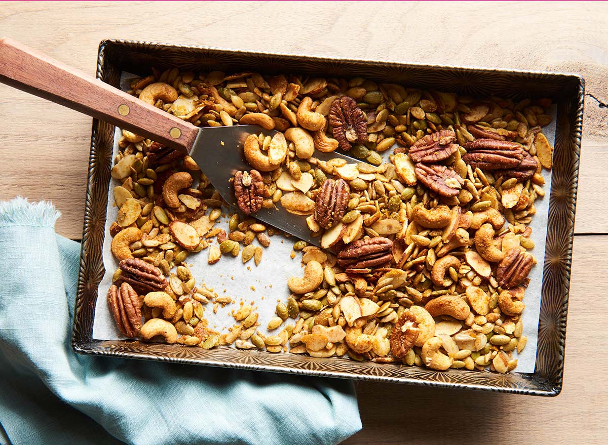 seasoned snack mix in a pan