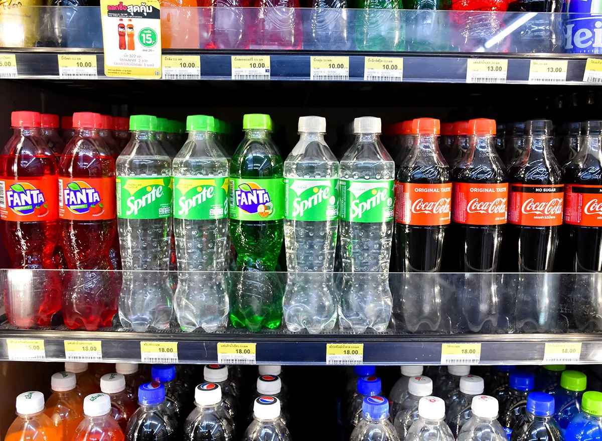 Soda drink bottles. Soft drinks in plastic bottle, sparkling soda