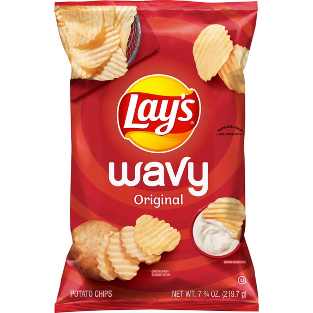 red bag of wavy lay's chips on white background